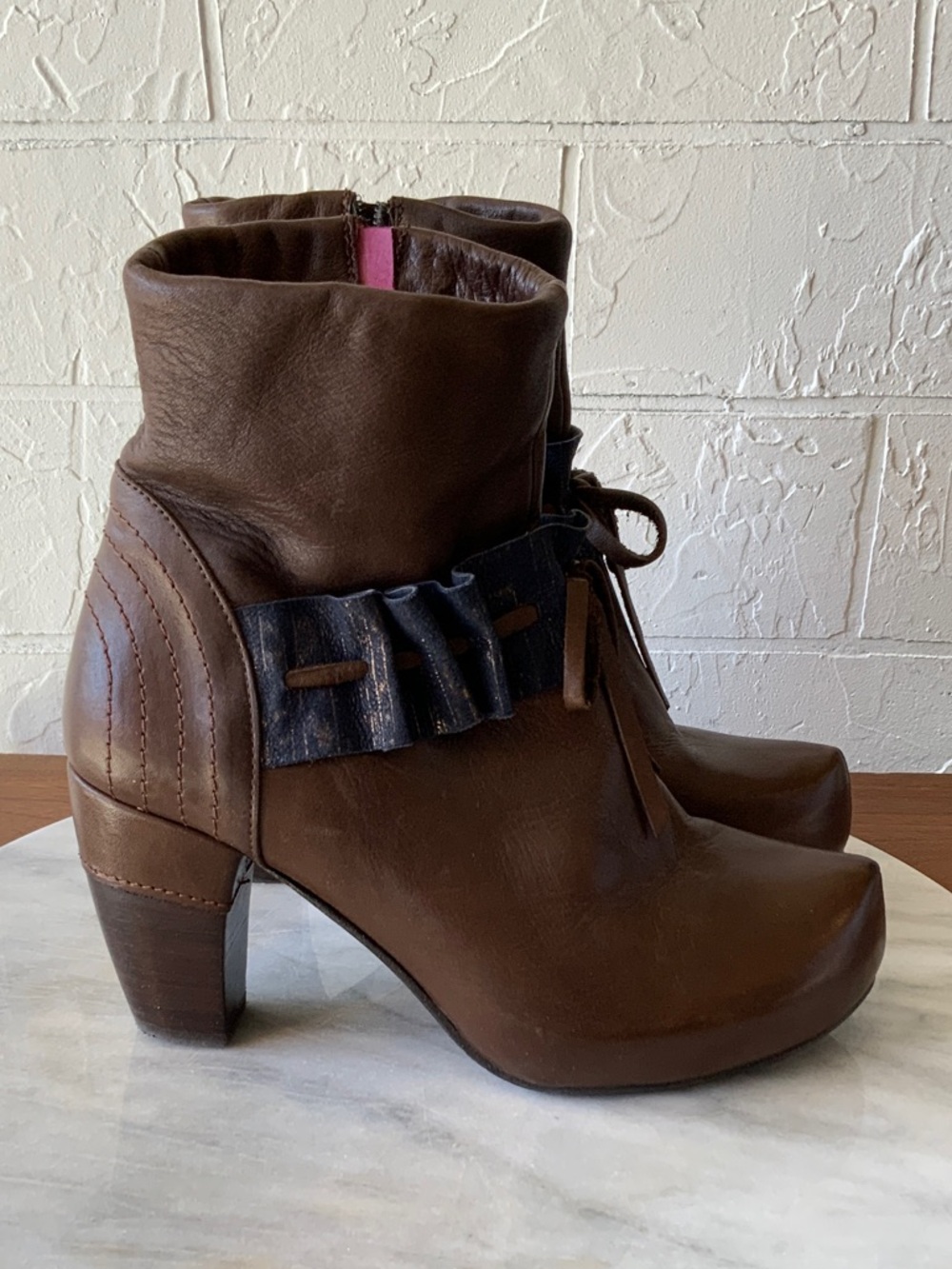 Women's Brown Leather Ankle Booties with Ruffle Strap